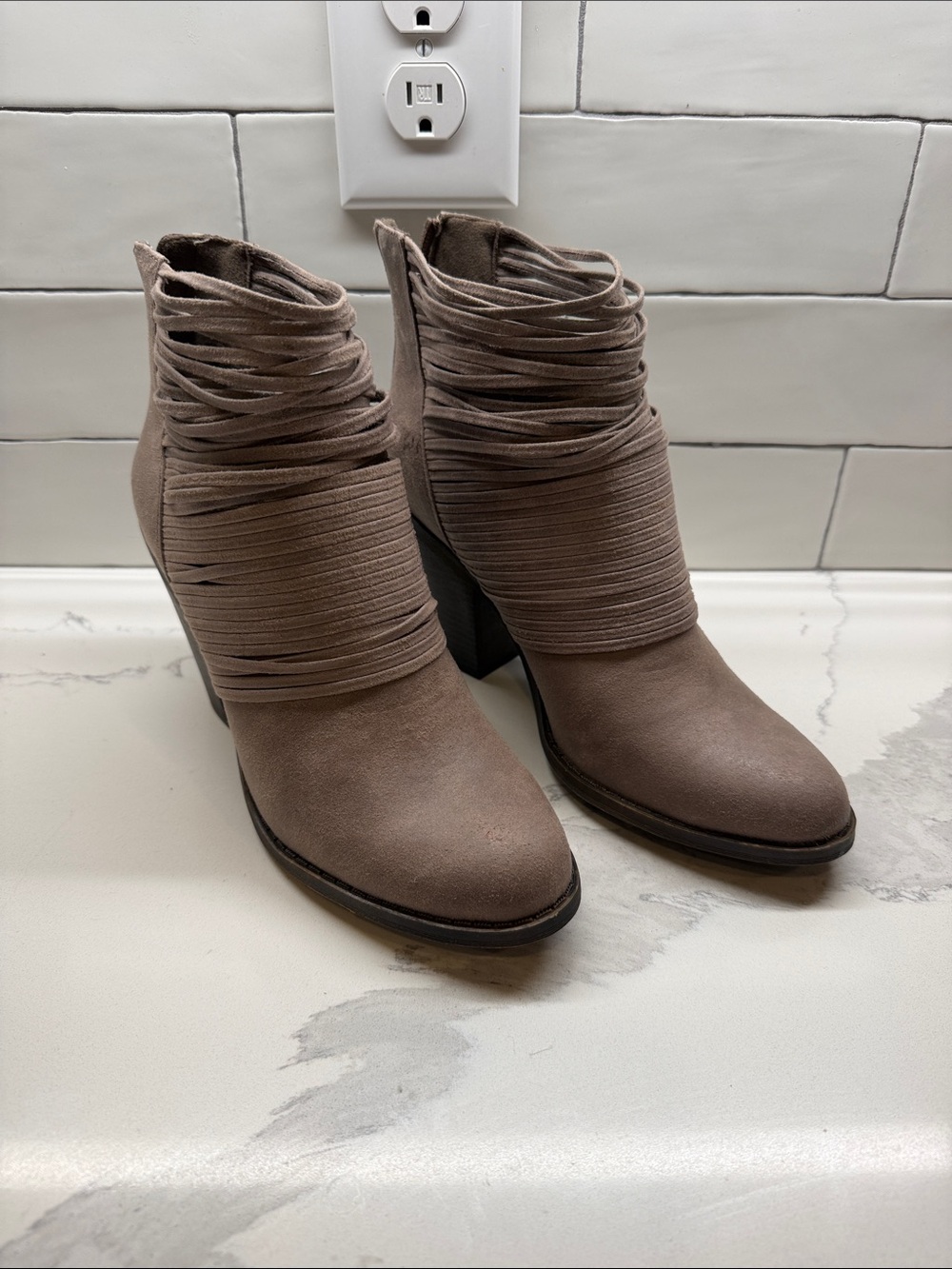 Fergalicious Wicket Doe Taupe Wrap-Detail Ankle Booties